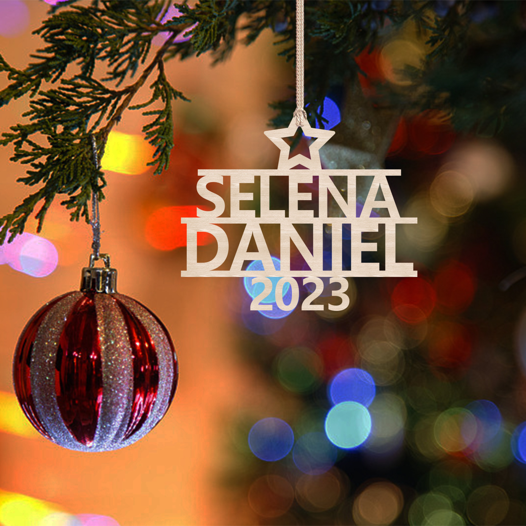 Navidad-Ornamento navideño de madera árbol de nombres con 2 nombres y año personalizados