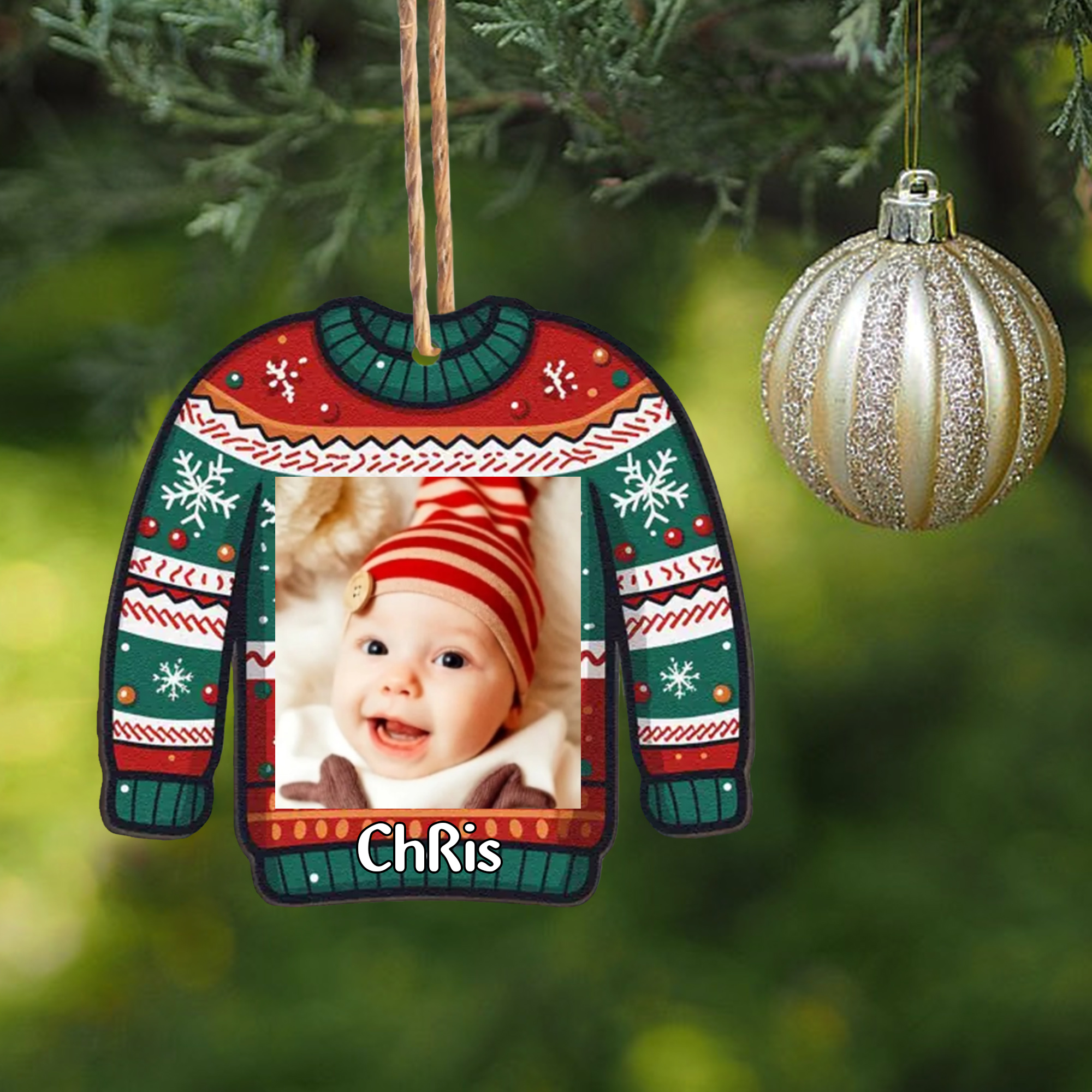 Navidad-Bebé Ornamento Navideño 1 nombre y foto personalizados en forma de suéter