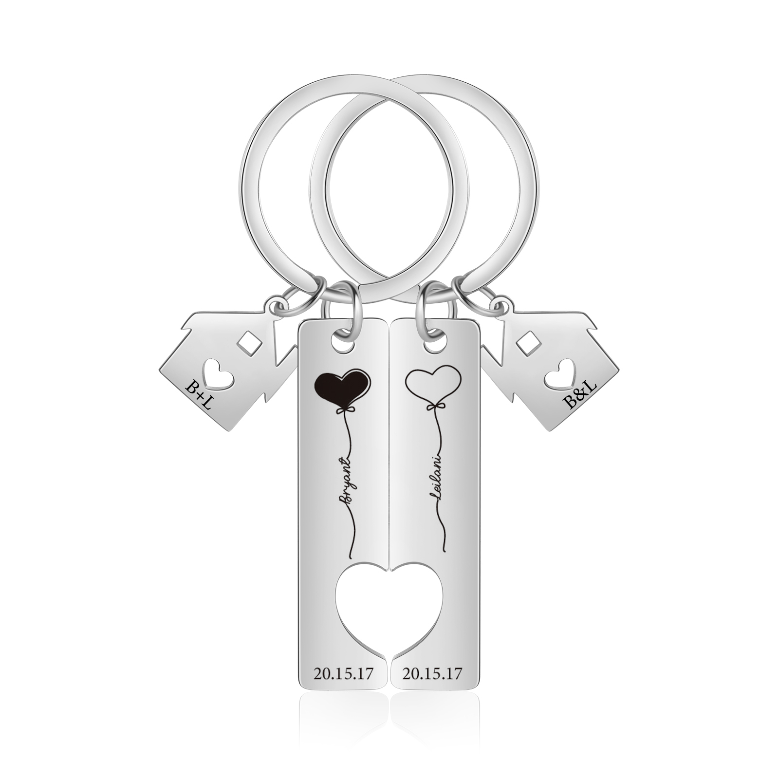 Llavero para pareja corazones 2 nombres, 2 letras personalizados con fecha dije de casa-Jessemade ES