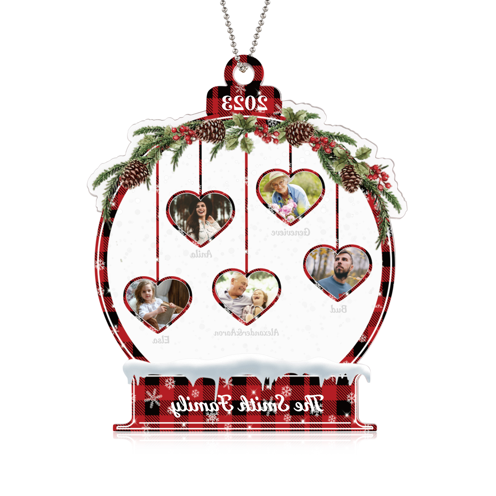 Navidad-Ornamento navideño de acrílico bola de cristal con 5 nombres, 5 fotos y 1 texto personalizados-Jessemade ES