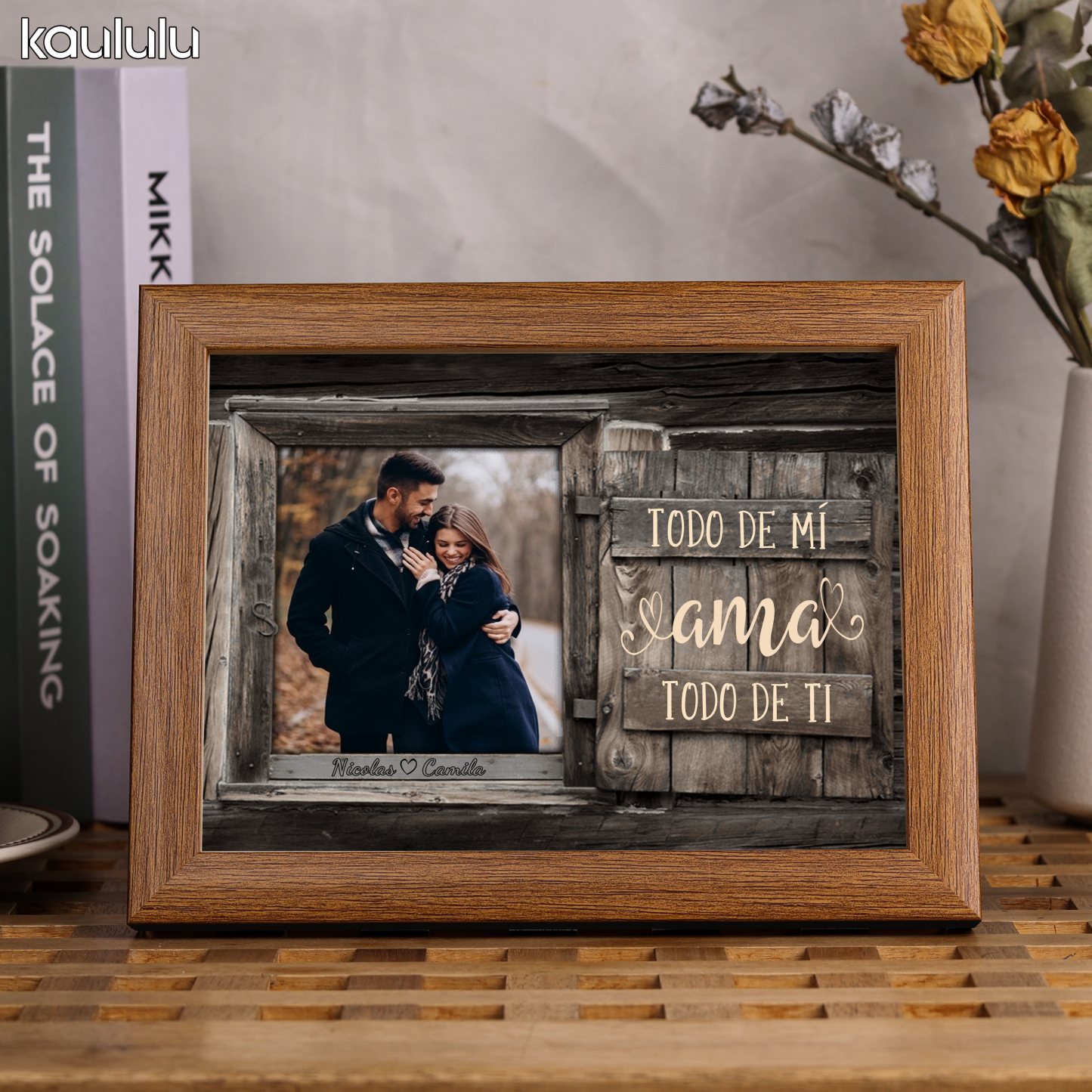 Marco de 1 foto de madera para pareja 2 nombres personalizados-Jessemade ES