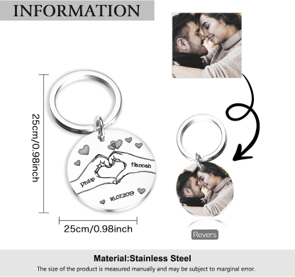 Llavero para pareja Corazón posado con manos 2 nombres, fecha y 1 foto personalizados-Jessemade ES