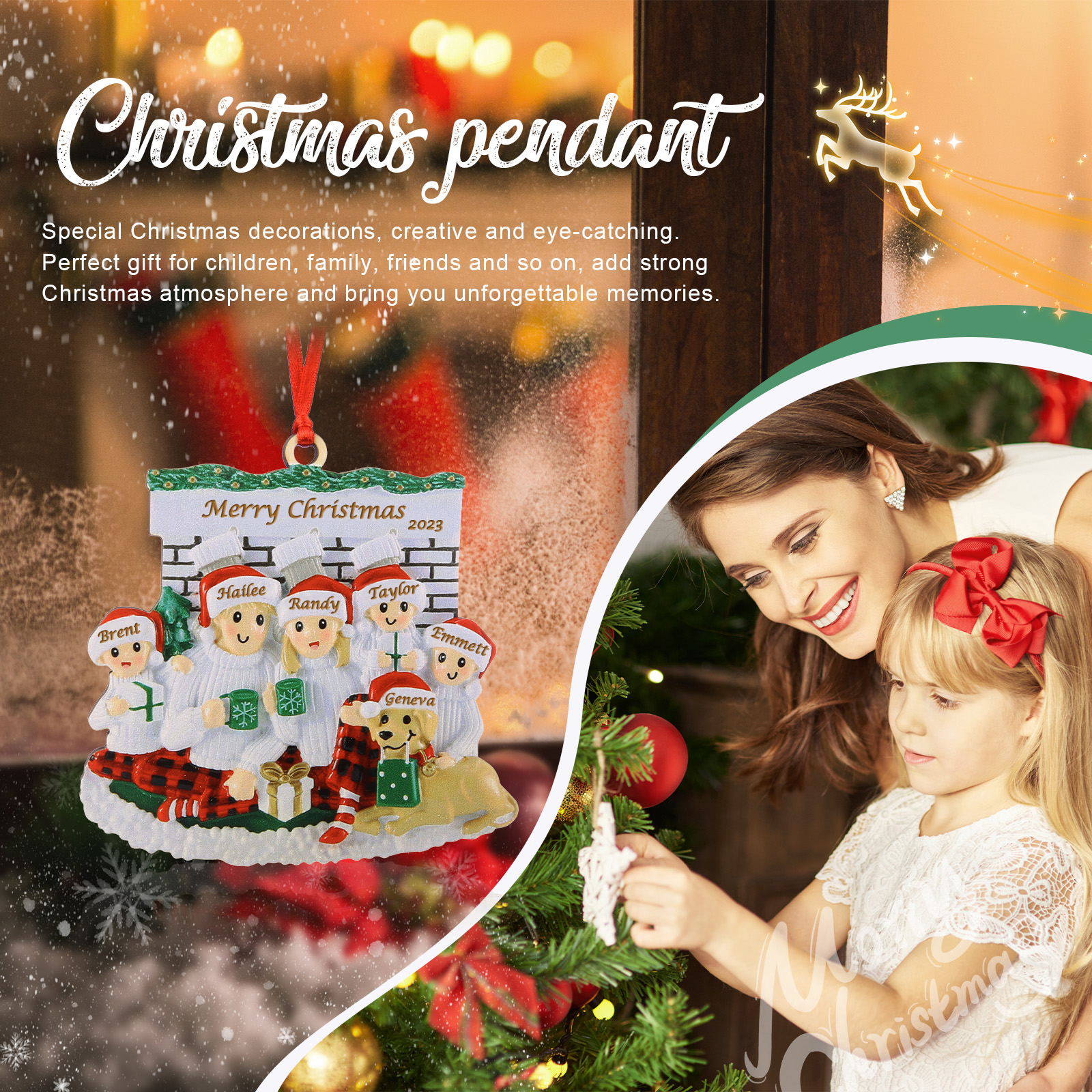 Navidad-Muñecos Ornamentos Navideños Familia con Perro 6 Nombres, Año y Texto Personalizados Adorno de Madera-Jessemade ES