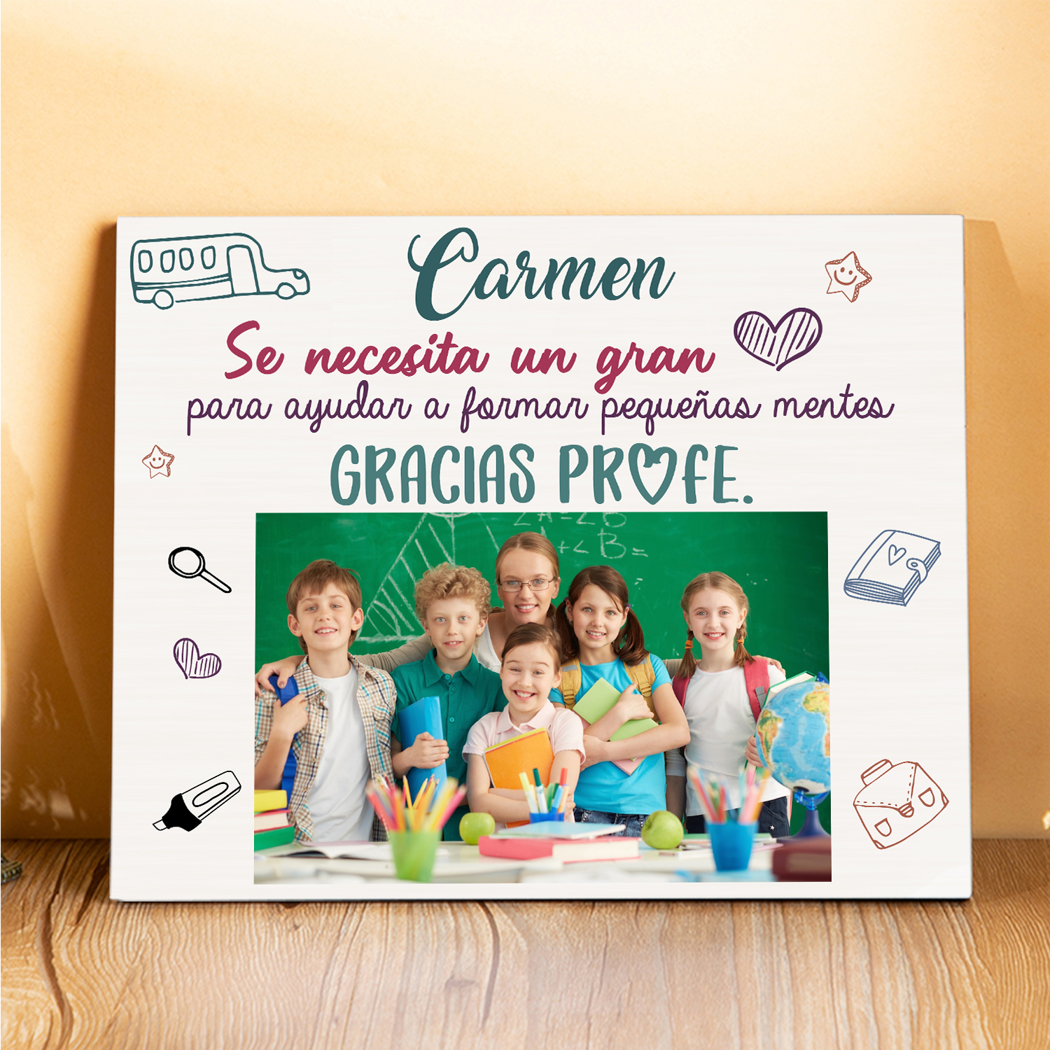 A mi profe-Lámina marco de madera Gracias Profe de 1 foto y 1 nombre-Jessemade ES