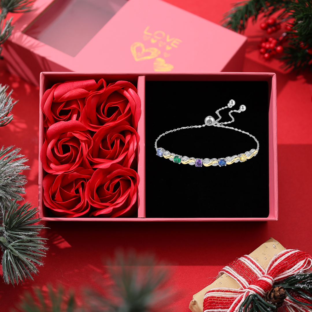 Pulsera Infinito 5 Nombres Personalizados con 5 Piedras de Nacimiento-Jessemade ES