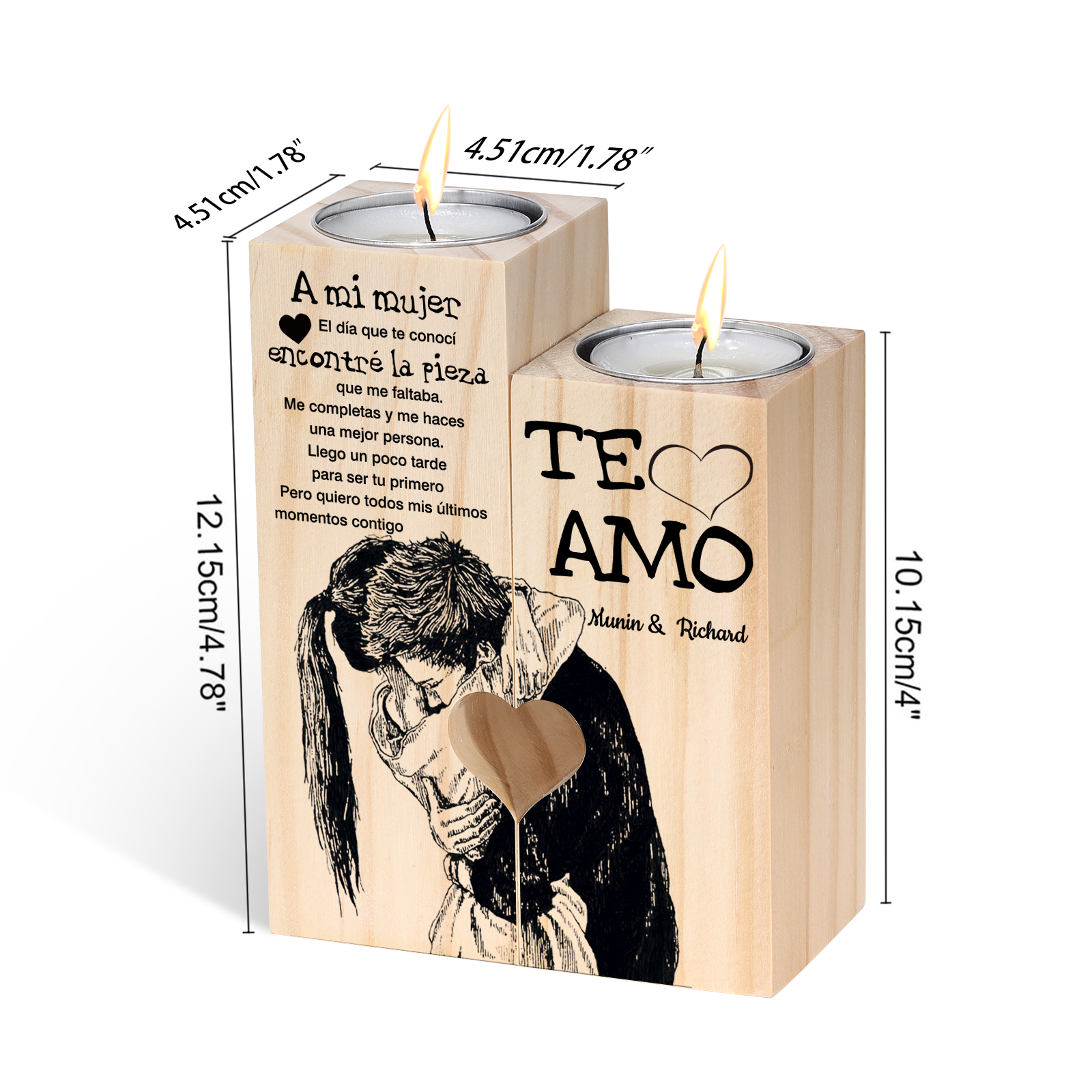 A mi mujer-Candelero de pareja abrazada de madera de dos piezas sin candela con 1 texto personalizado-Jessemade ES