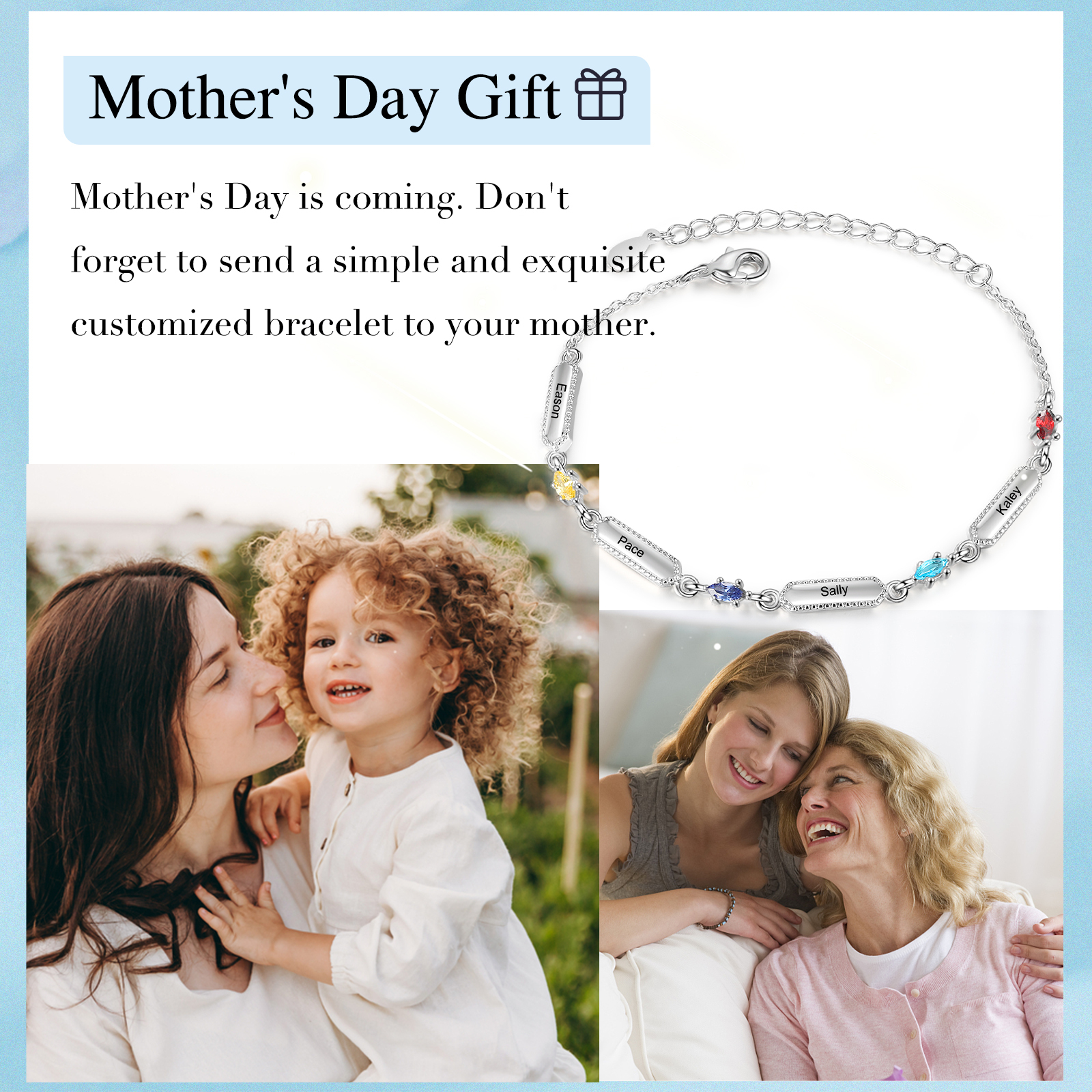 Pulsera infinito para mujer y placa personalizada con 4 nombres y 4 piedras de nacimiento-Jessemade ES