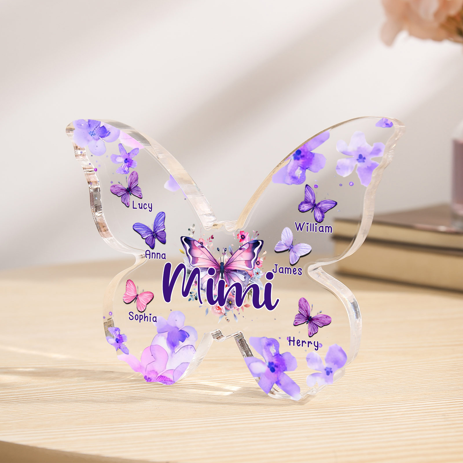 A mi mamá/abuela-Placa de acrílico "Mariposas" en forma de mariposa 6 nombres y 1 texto personalizados-Jessemade ES