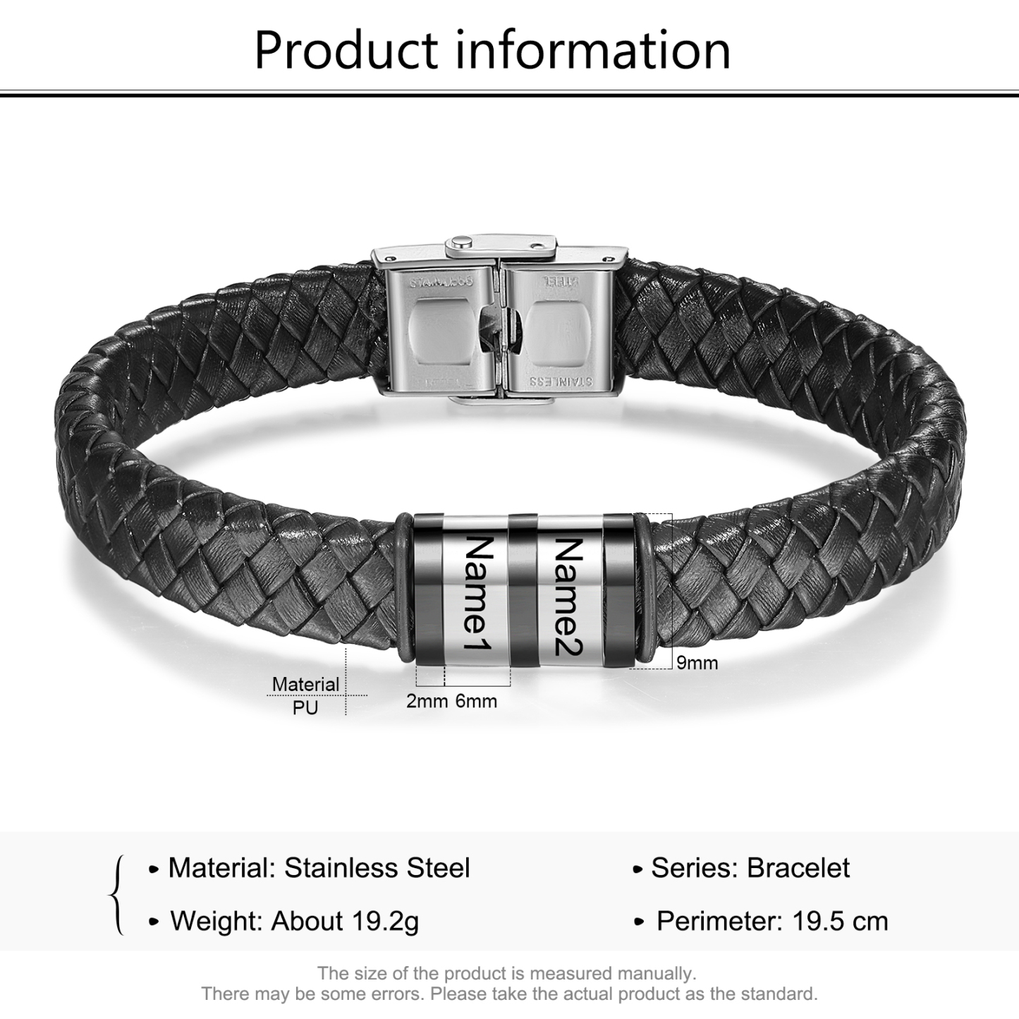 A MI PAPÁ-Pulsera de cuero trenzado de hombre con 2 perlas personalizadas con 2 nombres-Jessemade ES