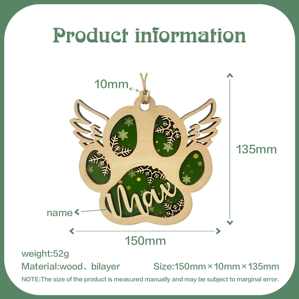 Navidad-Ornamento navideño de madera pata de perro con alas con 1 nombre personalizado