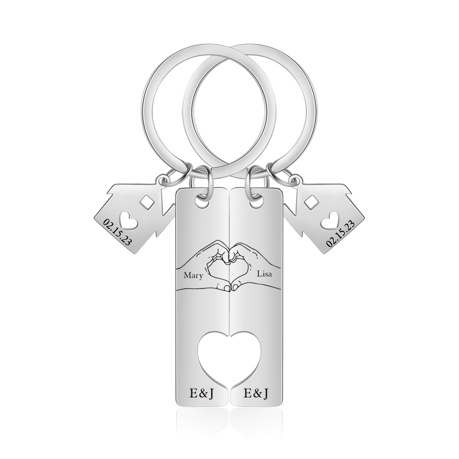 Llavero para pareja posando corazón con manos 2 nombres, 2 letras personalizados con fecha dije de casa-Jessemade ES