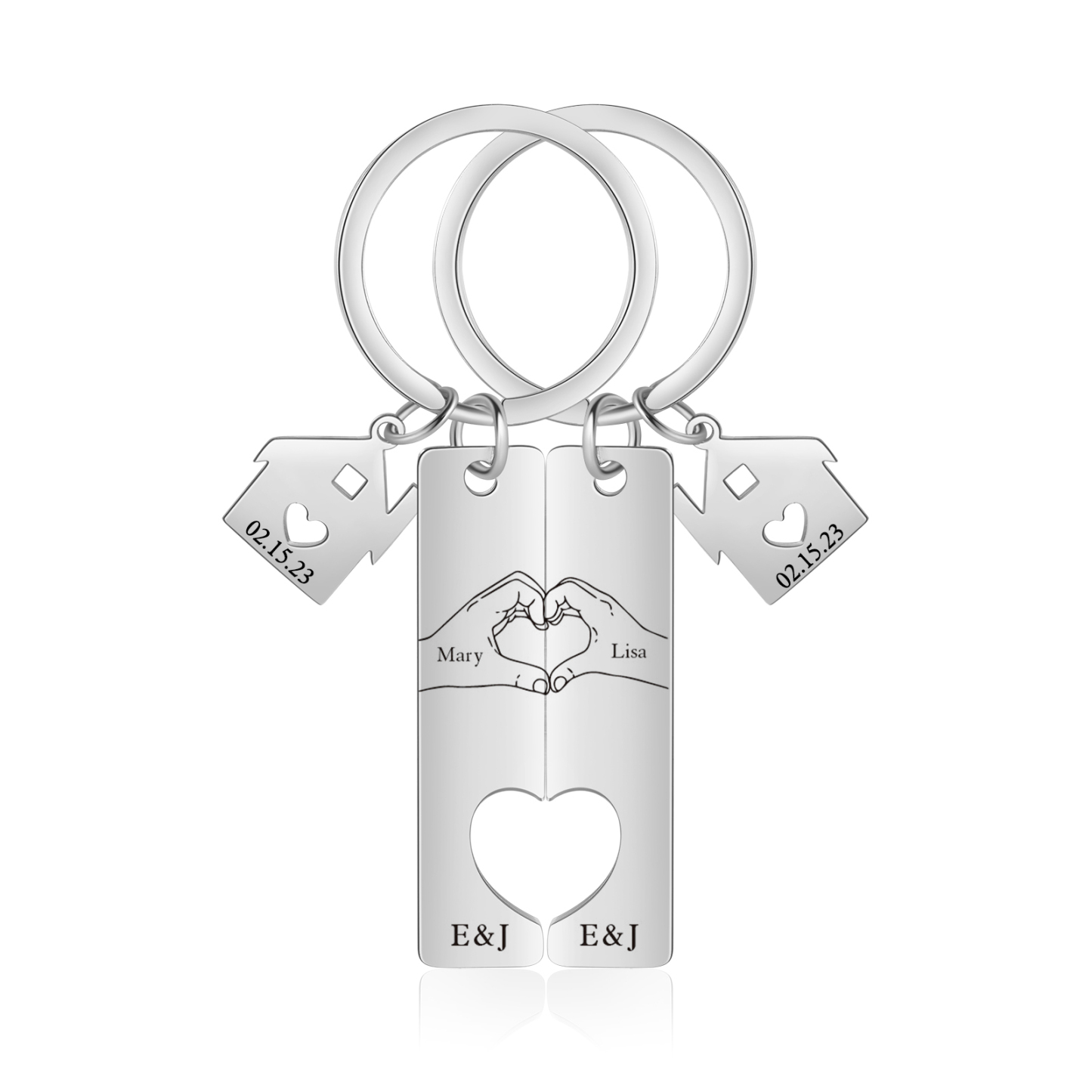 Llavero para pareja posando corazón con manos 2 nombres, 2 letras personalizados con fecha dije de casa-Jessemade ES