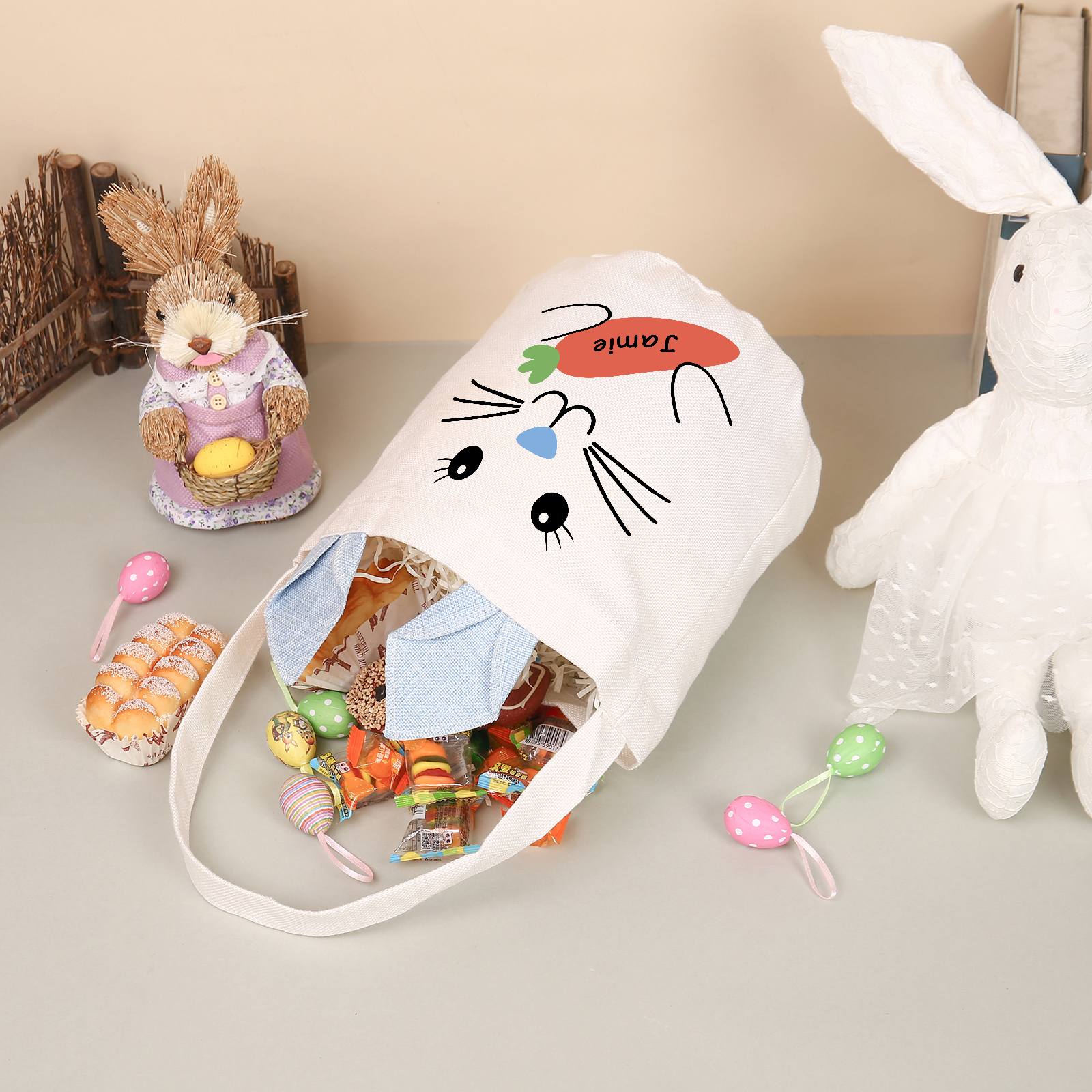 Pascua-Bolsa de conejo con 1 nombre personalizado-Jessemade ES