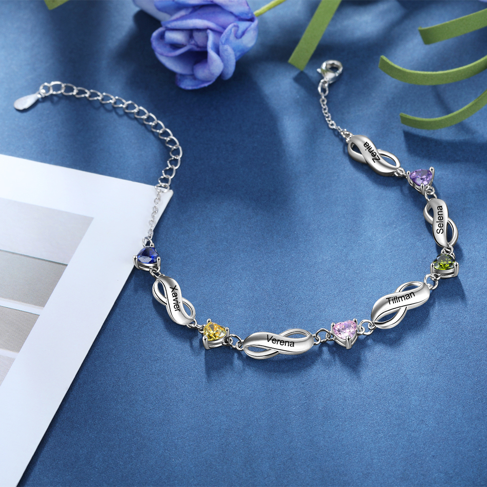 Pulsera "infinito" personalizada con 5 nombres y 5 piedras de nacimiento de corazón-Jessemade ES