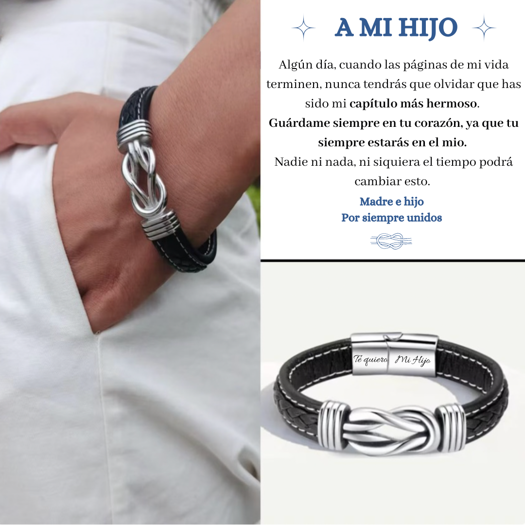 A mi hijo-Pulsera de Cuero Nudo Eterno de Acero Inoxidable con 2 Nombres Personalizados