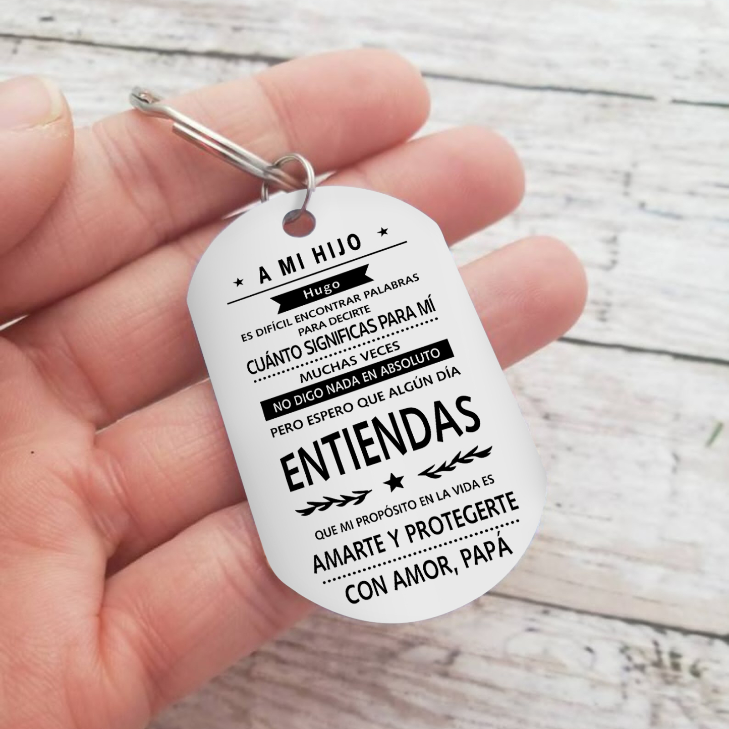 A mi hijo-Llavero de placa "mi propósito es amarte y protegerte" de papá personalizado con 1 nombre-Jessemade ES