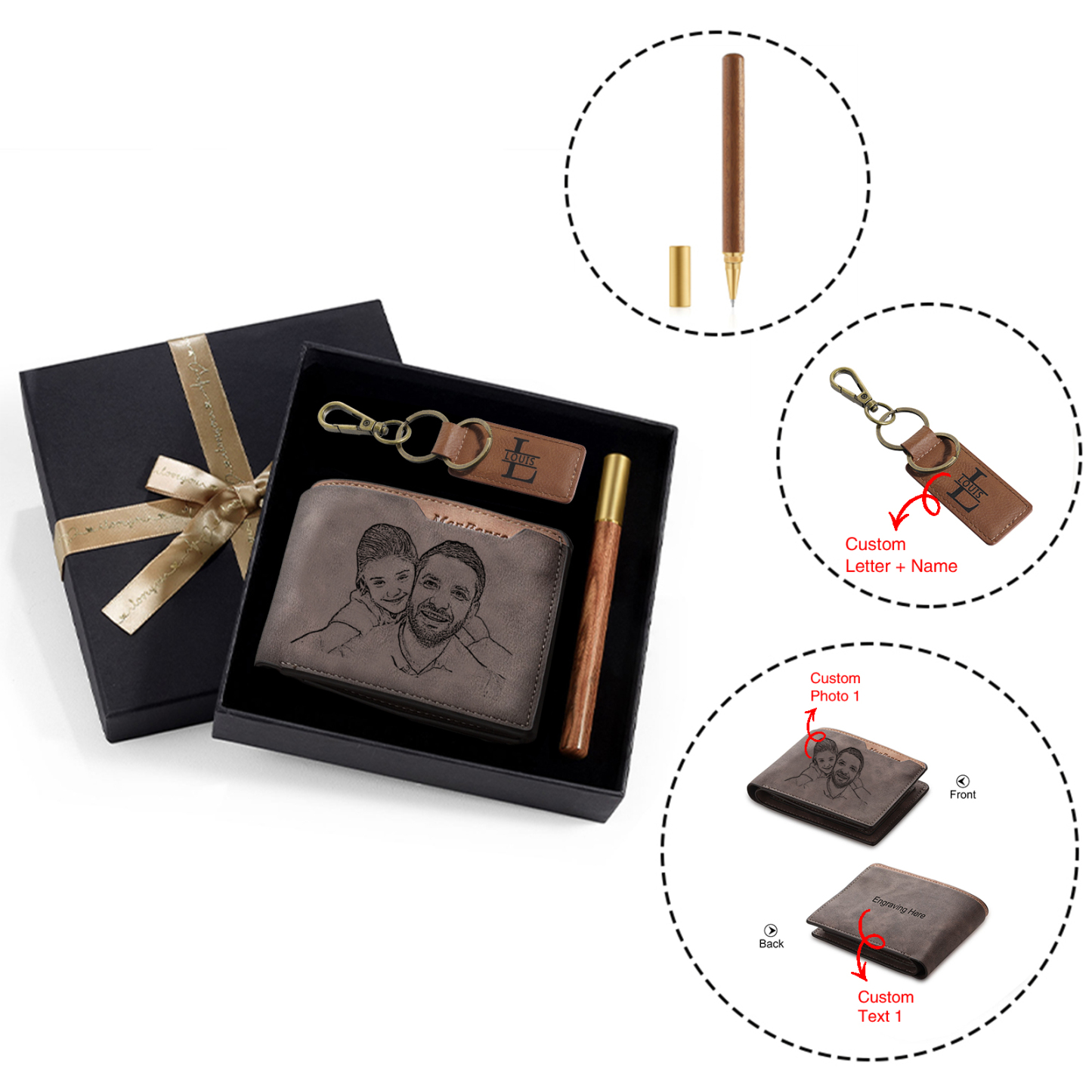 Kit de regalo-Llavero, cartera y bolígrafo con 1 nombre, letra y texto personalizados con foto para hombre-Jessemade ES