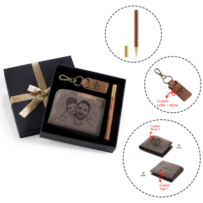 Kit de regalo-Llavero, cartera y bolígrafo con 1 nombre, letra y texto personalizados con foto para hombre-Jessemade ES