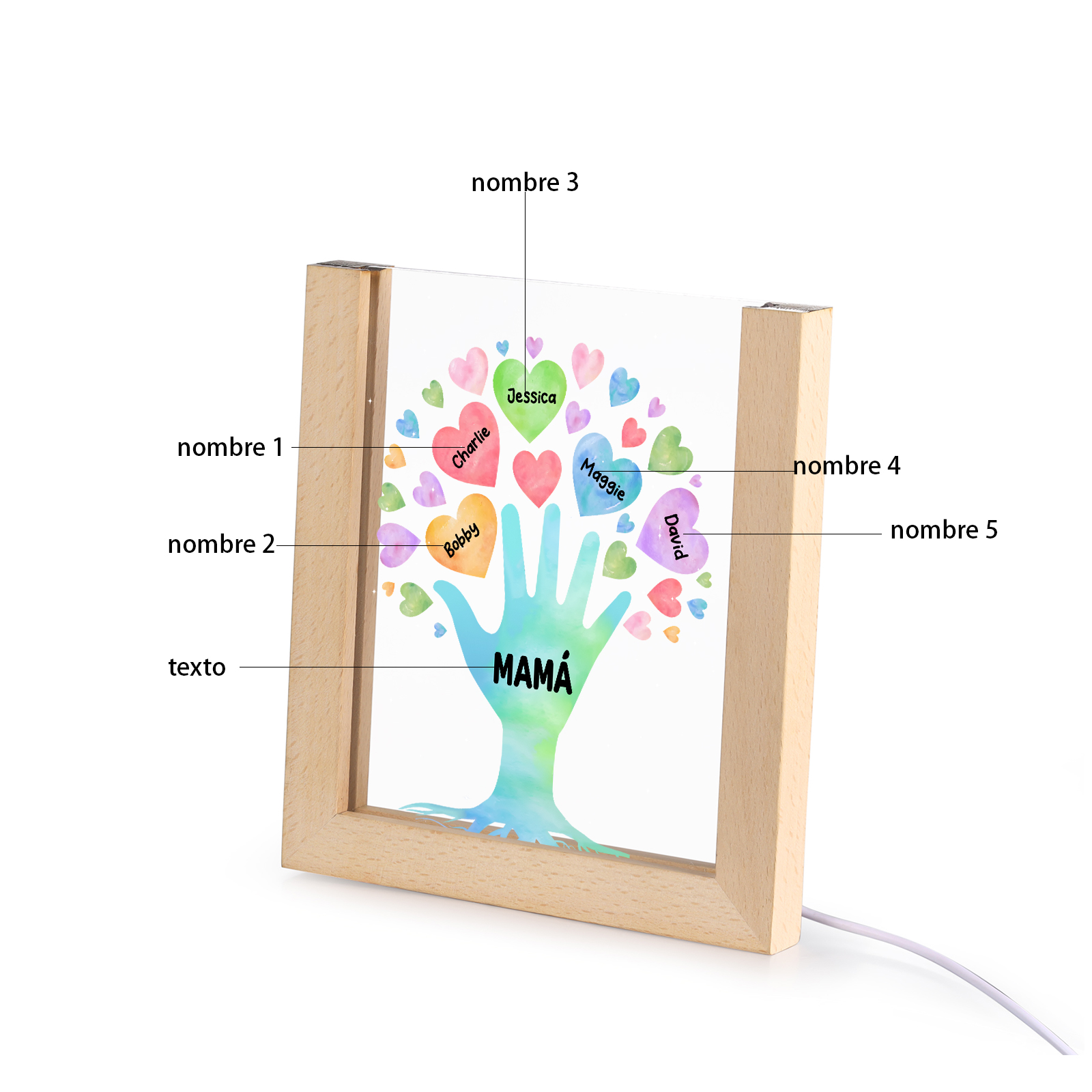 A mi mamá/abuela-Lámpara Personalizada con 2-8 Nombres y Texto "árbol y corazones" 3D Ilusión Luz de Noche-Jessemade ES