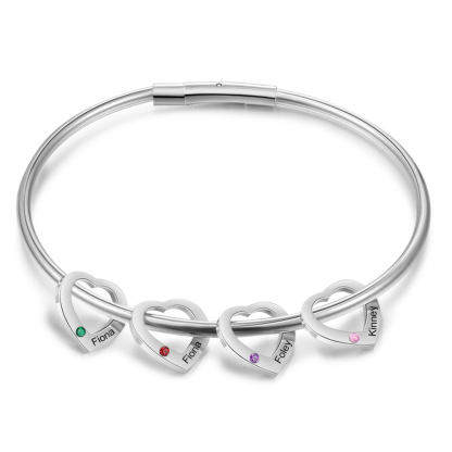 Pulsera con colgantes de corazón personalizados con 4 nombres y 4 piedras de nacimiento | Jessemade