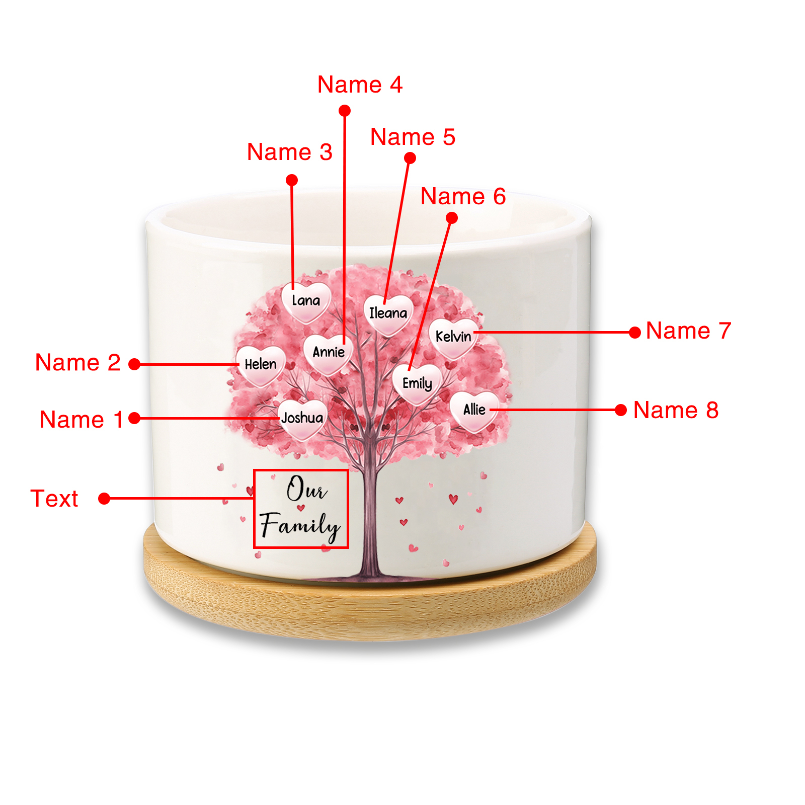 Florero con base de cerámica árbol de corazones 2-8 nombres personalizados con texto decoración del hogar-Jessemade ES