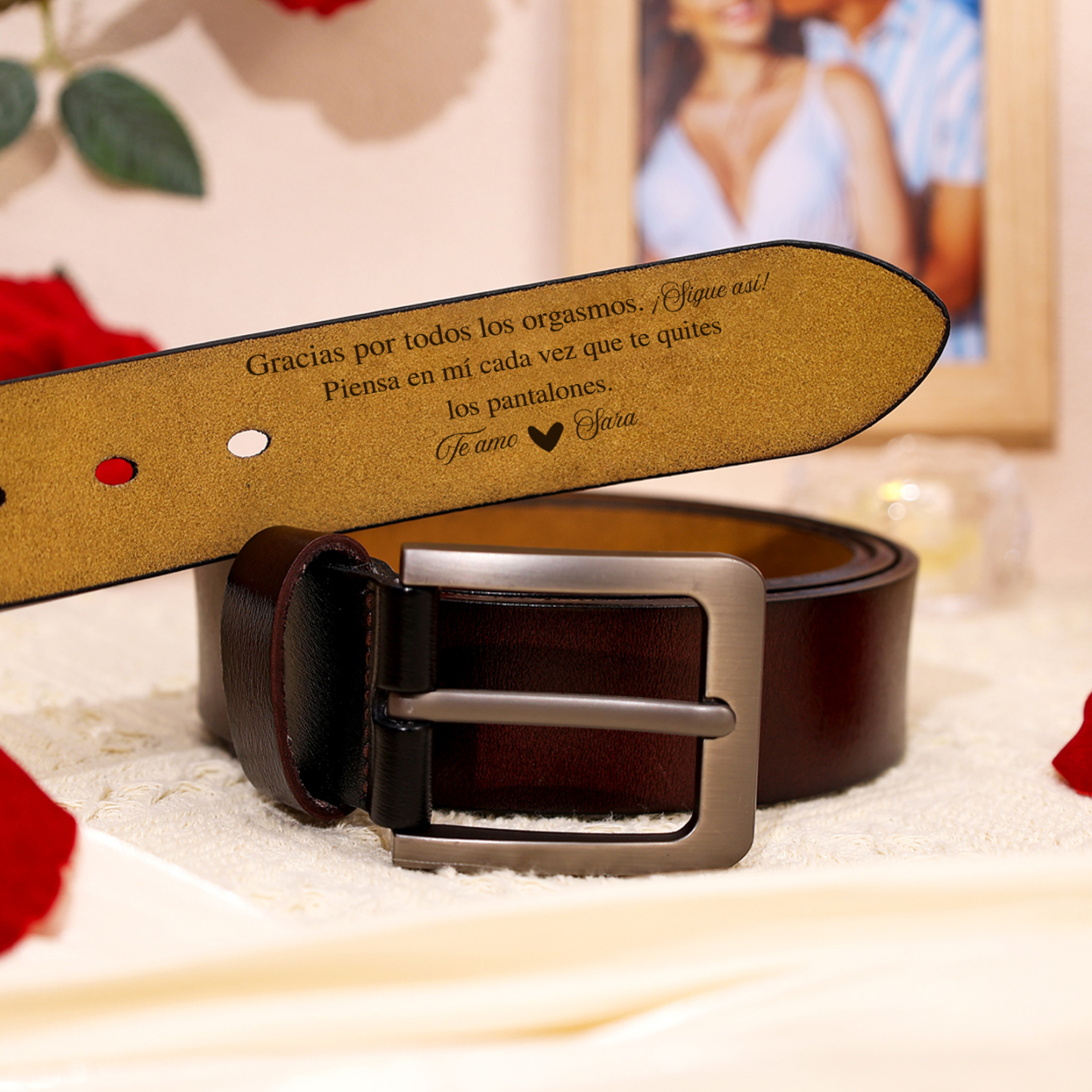 Cinturón Personalizado para Pareja en Negro o Marrón con Nombre y Texto Grabado | Jessemade ES