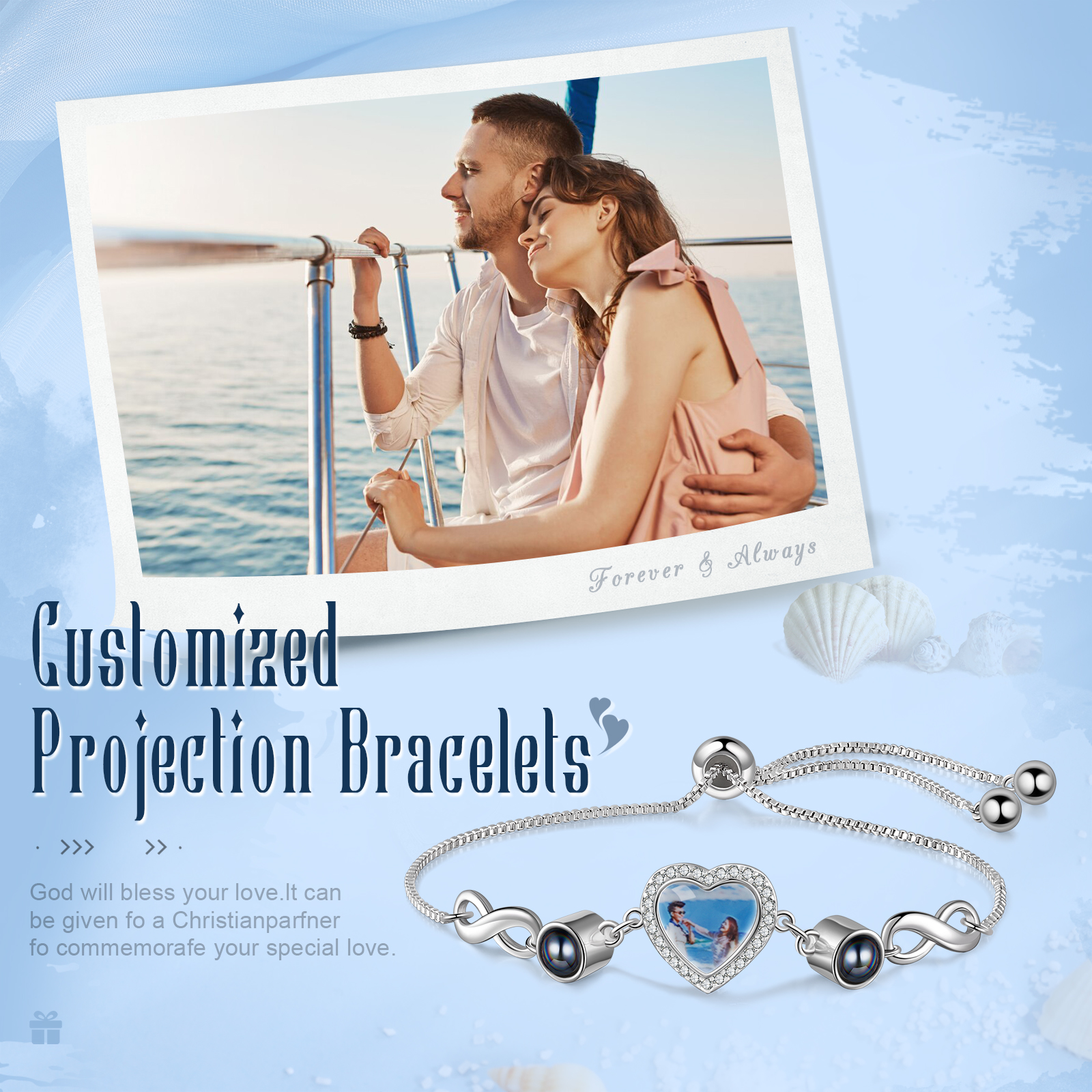 Pulsera con proyección de foto en color y foto en dije de corazón con infinitos, Brazalete de proyección-Jessemade ES