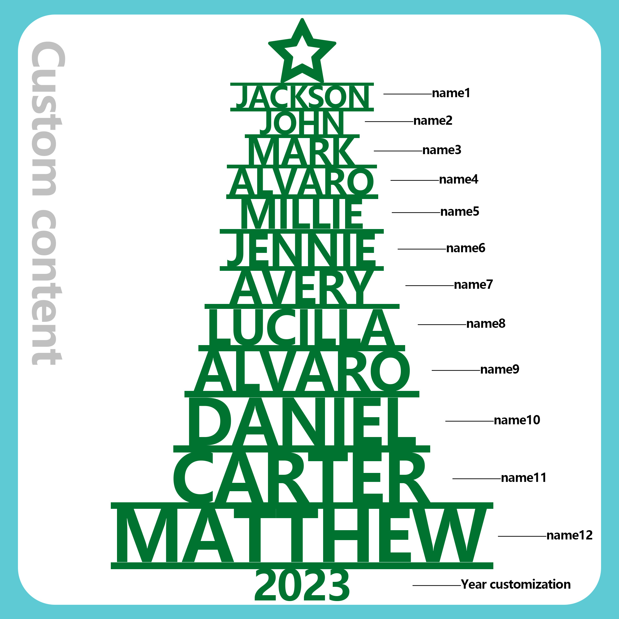 Navidad-Ornamento navideño de madera árbol de nombres con 12 nombres y año personalizados