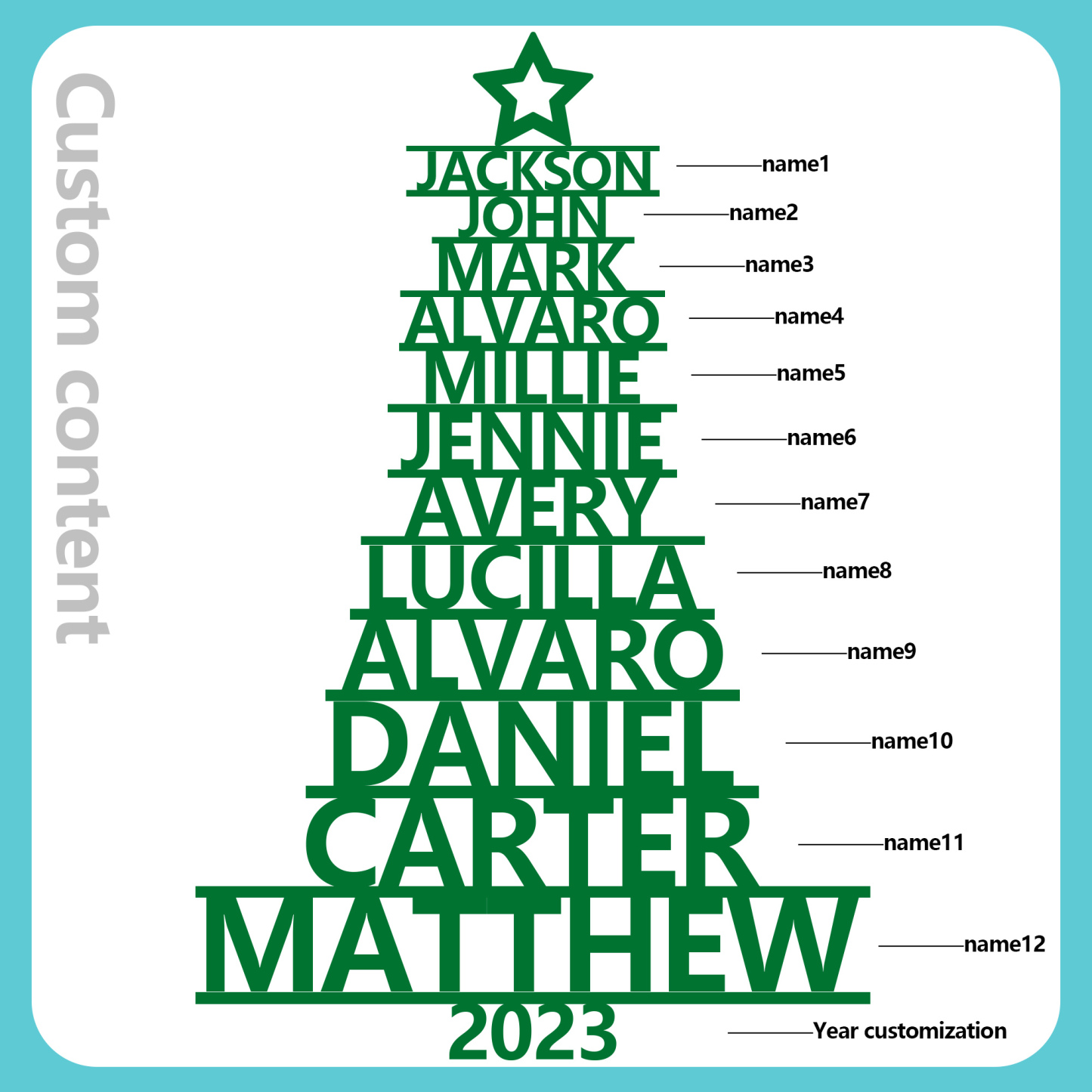 Navidad-Ornamento navideño de madera árbol de nombres con 12 nombres y año personalizados