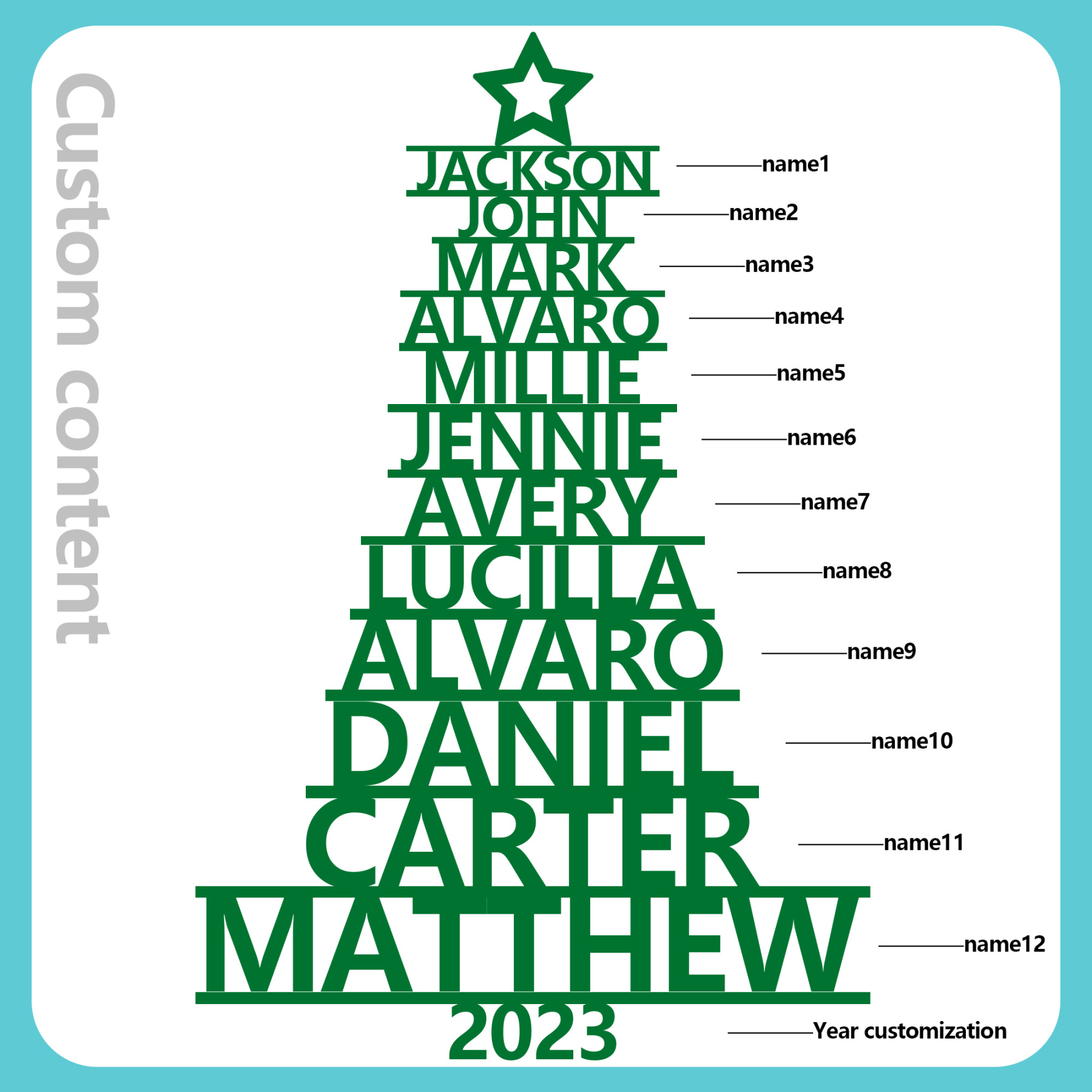 Navidad-Ornamento navideño de madera árbol de nombres con 12 nombres y año personalizados