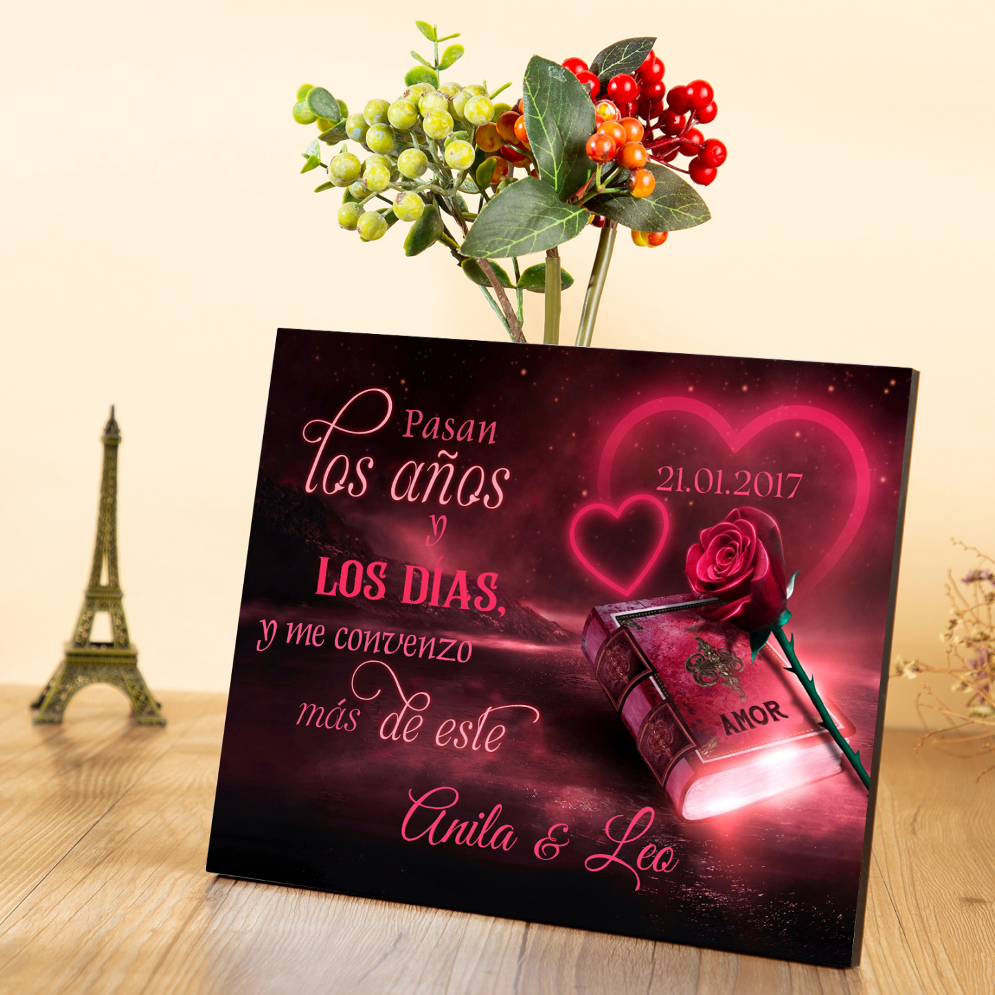 Lámina libro de amor marco de madera para pareja personalizado con 2 nombres y fecha-Jessemade ES