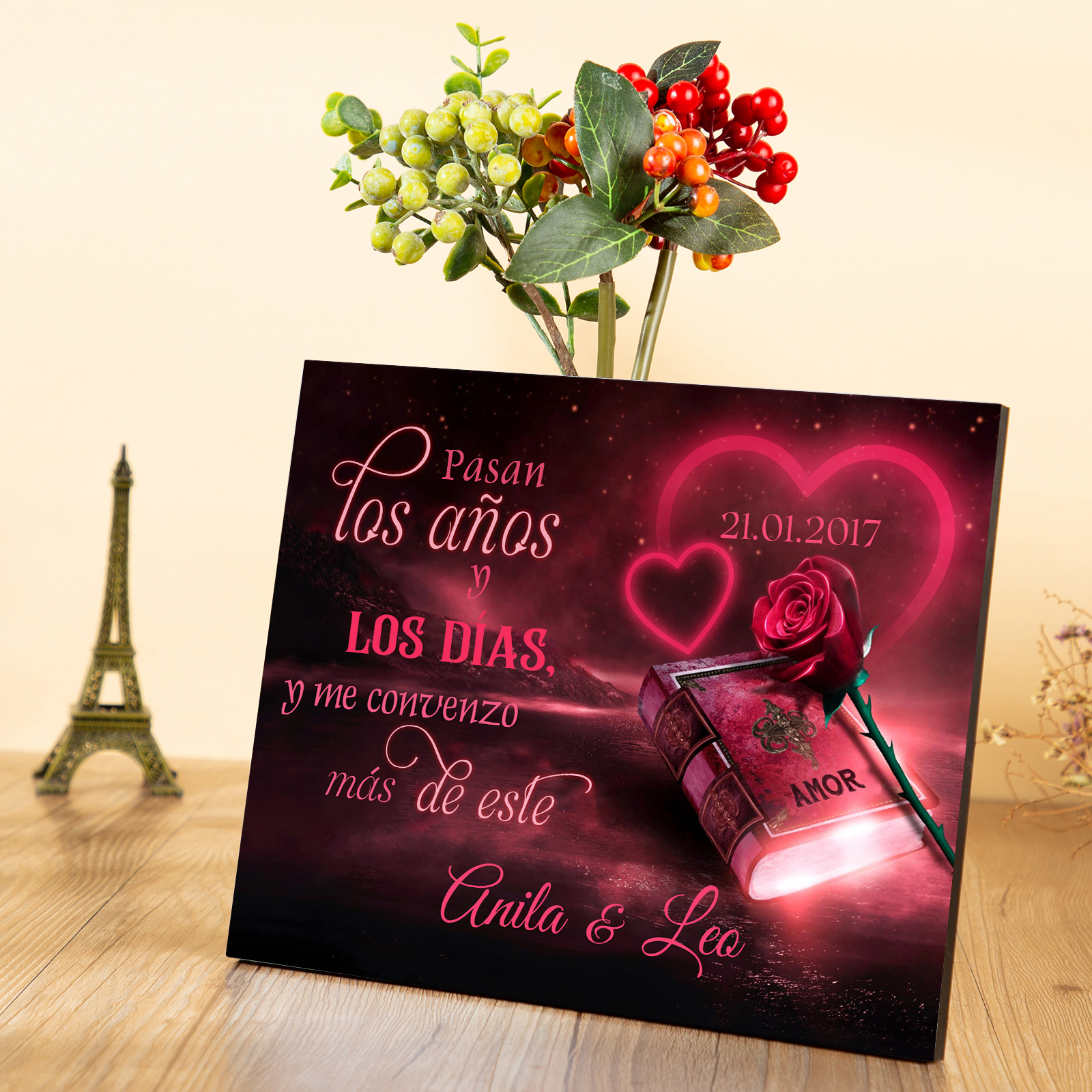 Lámina libro de amor marco de madera para pareja personalizado con 2 nombres y fecha-Jessemade ES