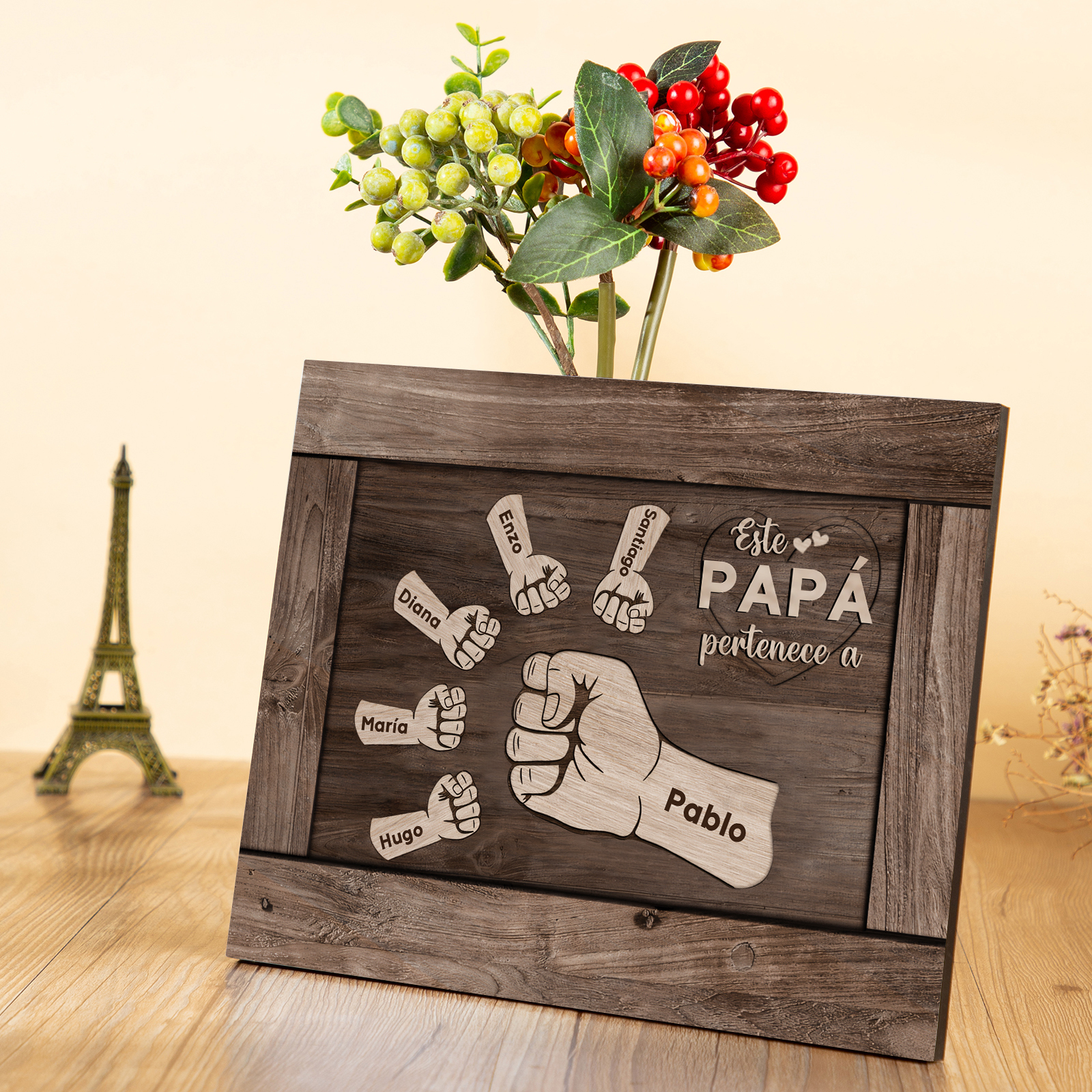 A mi papá - Lámina marco de madera puño con puño 6 nombres personalizados-Jessemade ES