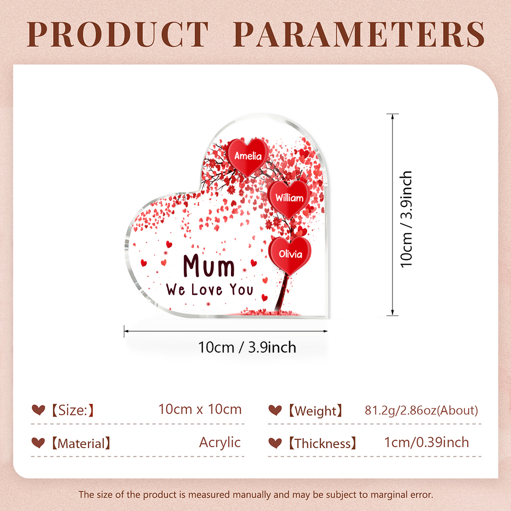 A mi mamá/abuela-Placa de acrílico "Corazones" en forma de corazón 3 nombres y 1 texto personalizados-Jessemade ES