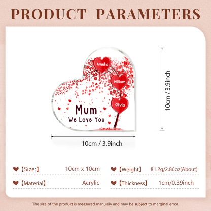 A mi mamá/abuela-Placa de acrílico "Corazones" en forma de corazón 3 nombres y 1 texto personalizados-Jessemade ES