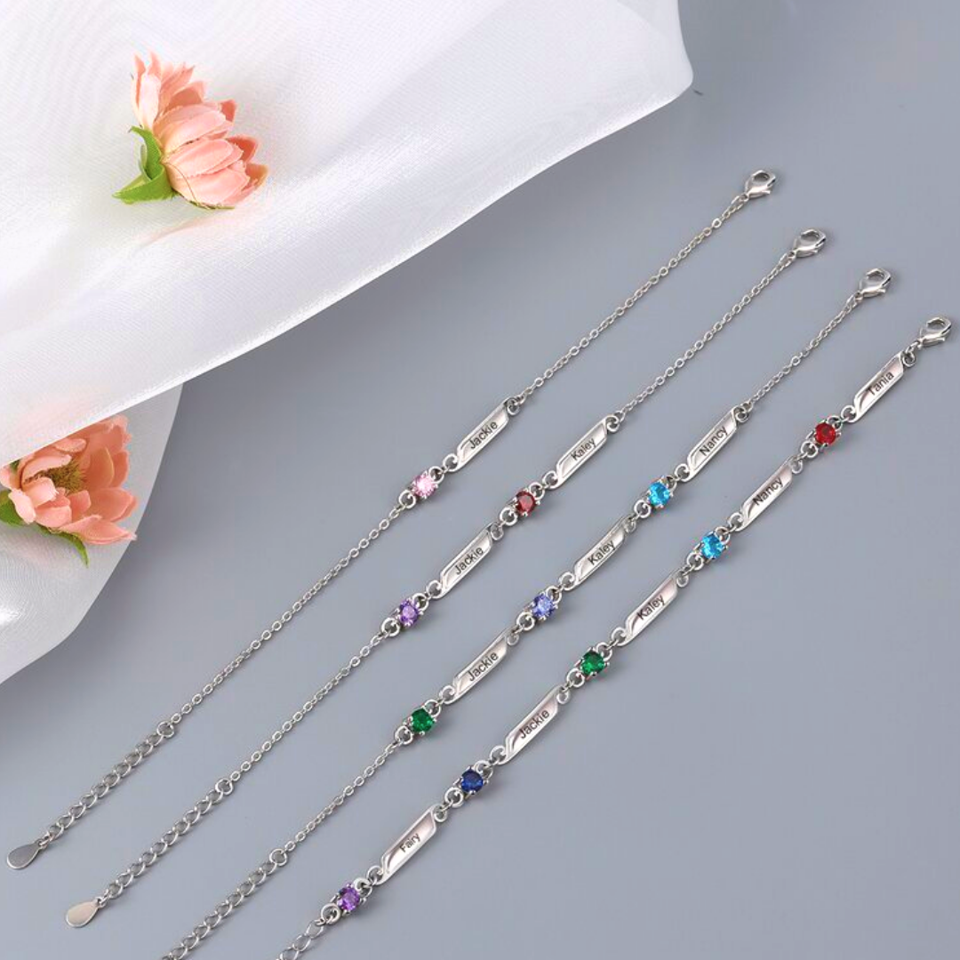 Pulsera de lazo y placita personalizada de 1 nombre con 1 piedra de nacimiento-Jessemade ES