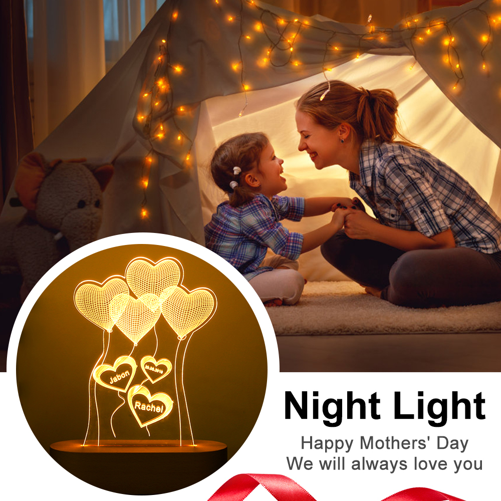 Lámpara de globo de corazón 3D Ilusión Luz de Noche LED 3 nombres personalizados