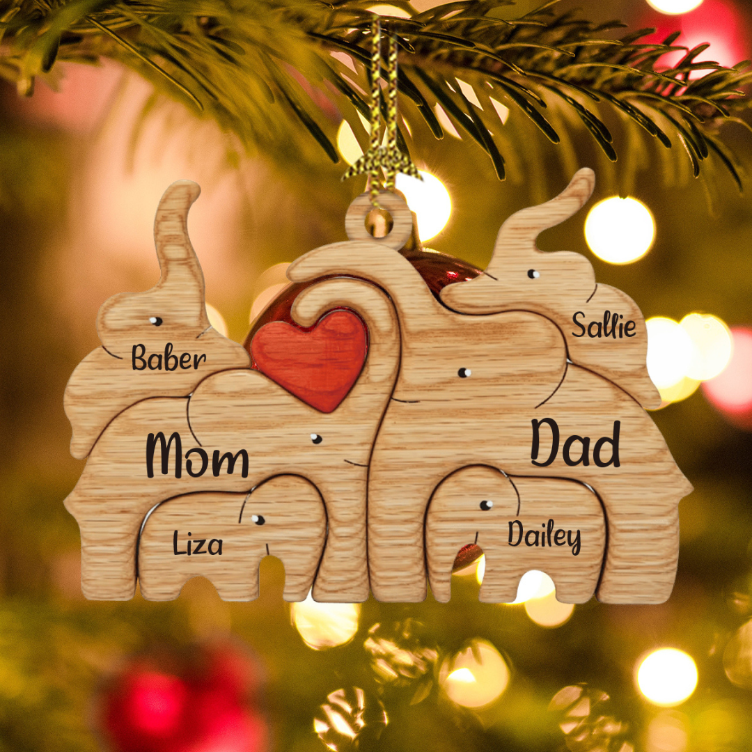 Navidad-Ornamento muñecos navideño de madera familia de elefantes 6 nombres personalizados adorno del árbol-Jessemade ES