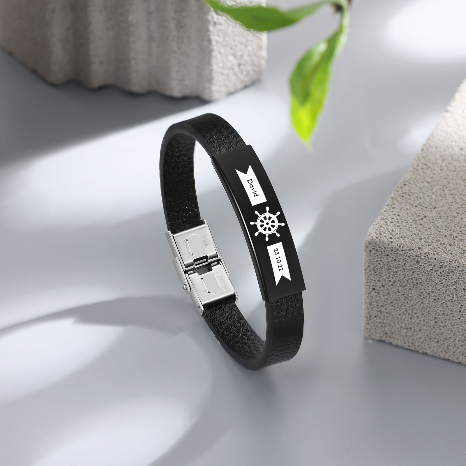 Pulsera de Cuero con Placa de Nombre y Fecha Personalizados -Jessemade ES