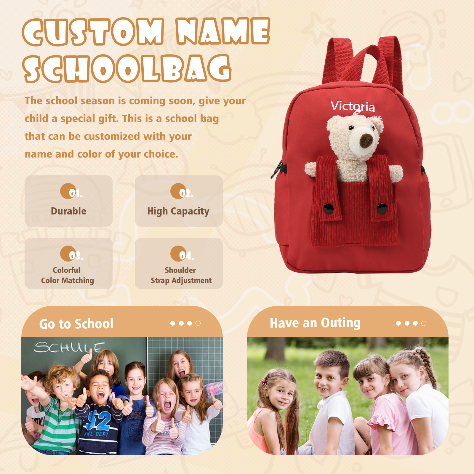 Mochilas escolares para los niños con peluche de oso con nombre personalizado bordado