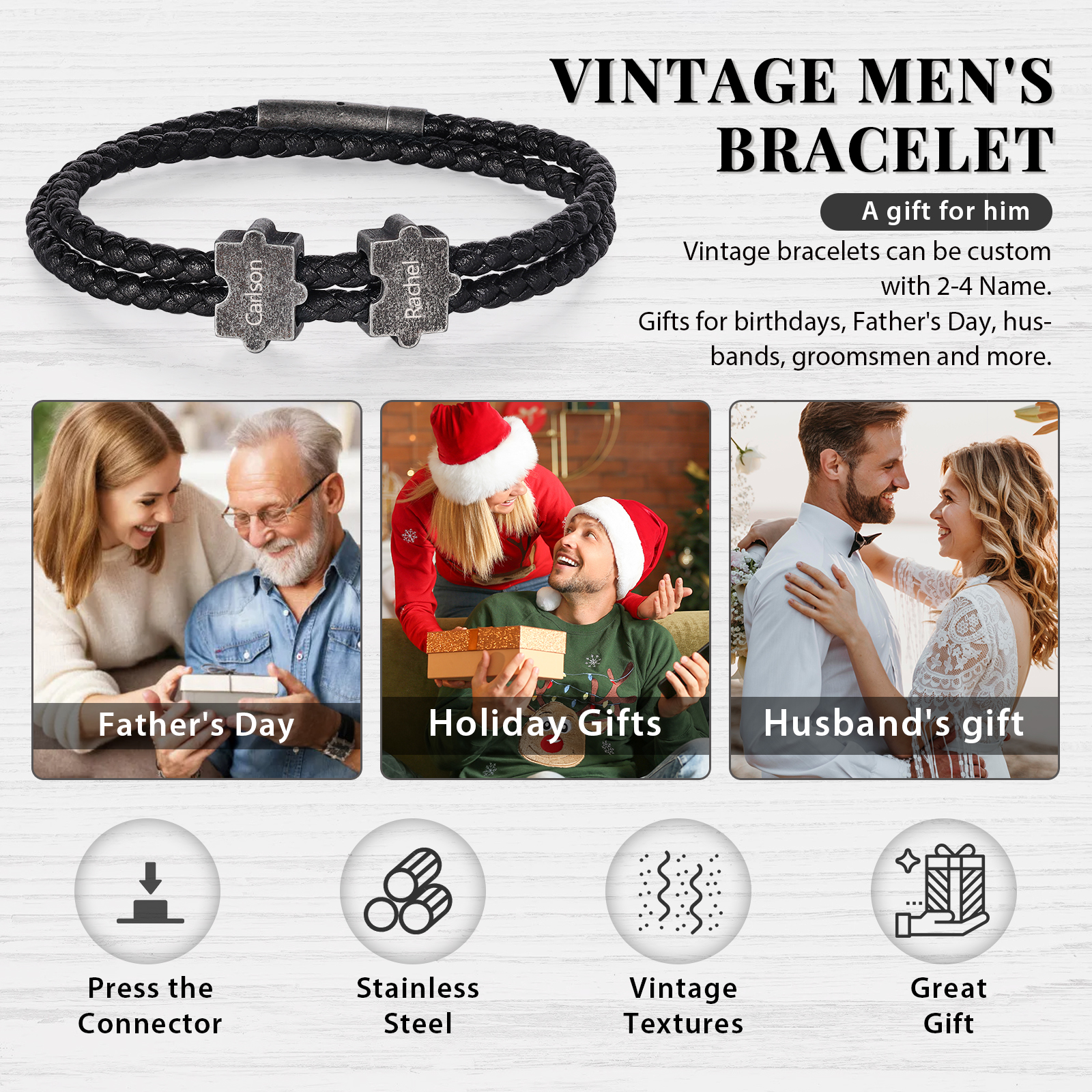 2-4 Nombres Personalizados Pulsera de Cuerda Aros de Rompecabezas de Acero Inoxidable-Jessemade ES