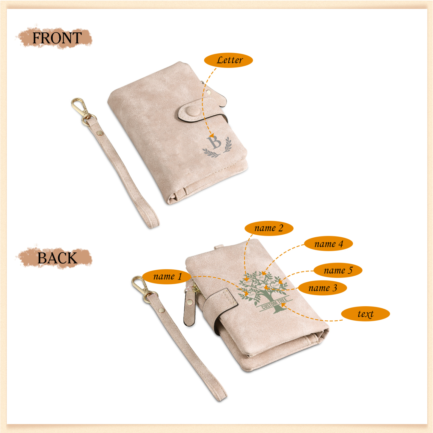 Cartera, billetera con 3-8 nombres, 1 letra y 1 texto personalizados árbol de la vida monedero clásico para mujer-Jessemade ES