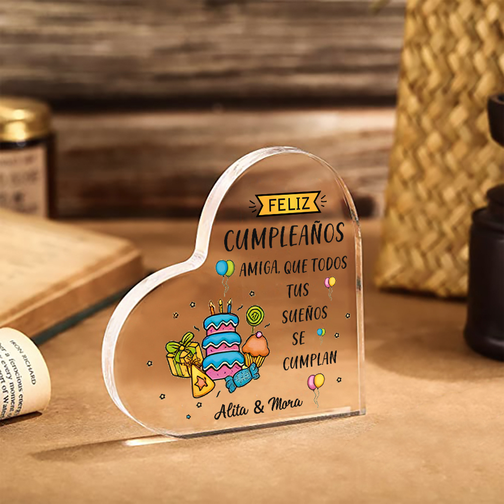 Cumpleaños-Placa de acrílico en forma de corazón para amiga con 2 nombres personalizados-Jessemade ES