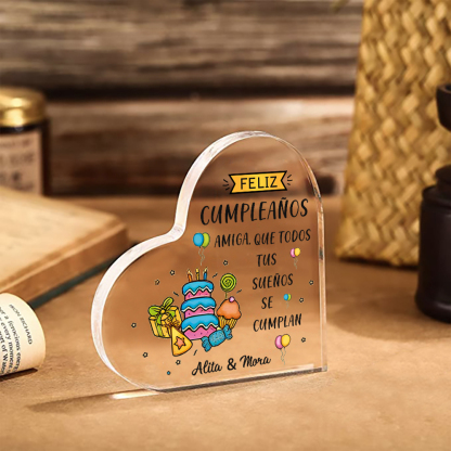 Cumpleaños-Placa de acrílico en forma de corazón para amiga con 2 nombres personalizados-Jessemade ES