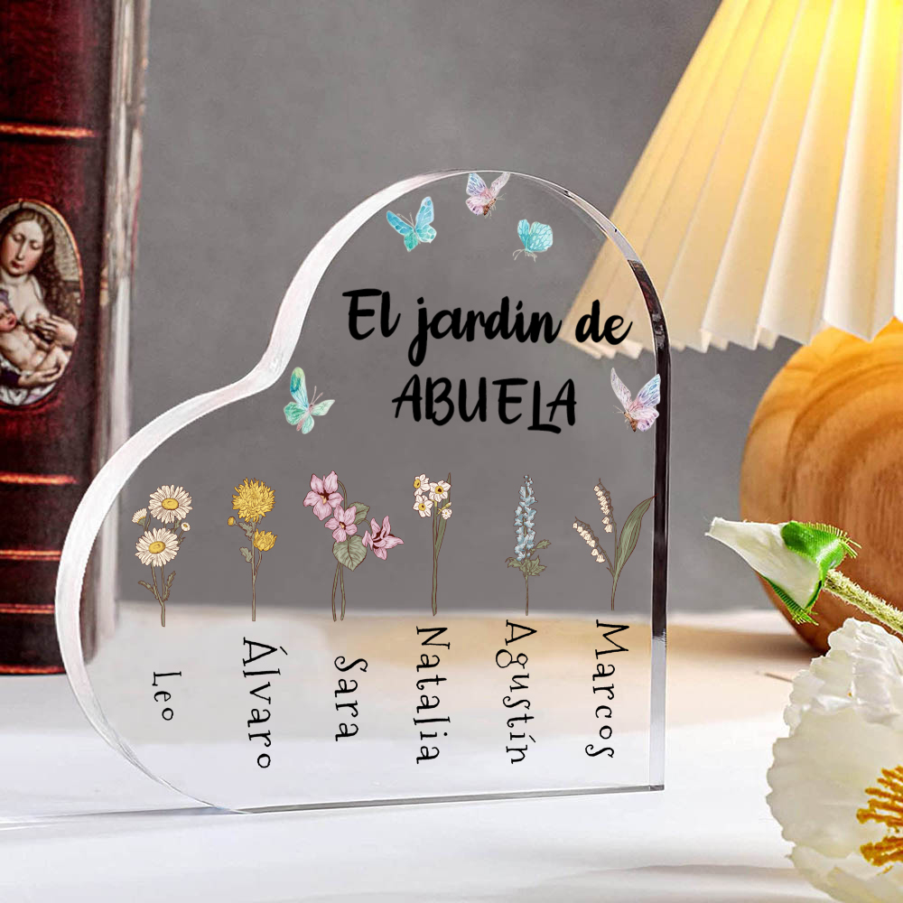 Abuela - Placa de acrílico en forma de corazón "flores" de abuela 1-6 nombres y flores personalizados-Jessemade ES