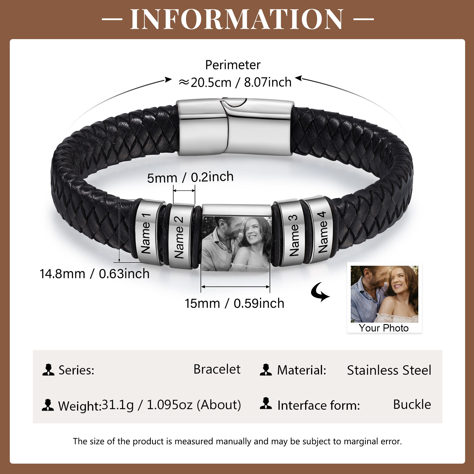 Pulsera de Cueros Trenzados Aros Personalizados de 2-5 Nombres y Placa de Foto-Jessemade ES