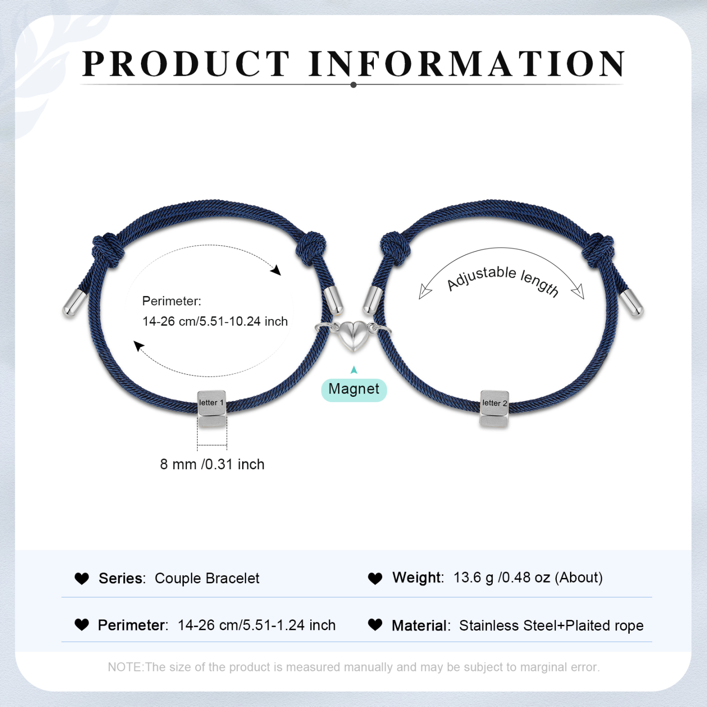 Pulseras de cuerda personalizadas para pareja con dije de corazón magnético grabado de dos letras-Jessemade ES