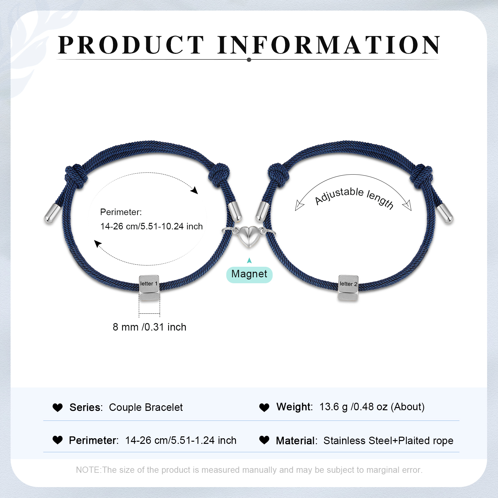 Pulseras de cuerda personalizadas para pareja con dije de corazón magnético grabado de dos letras-Jessemade ES