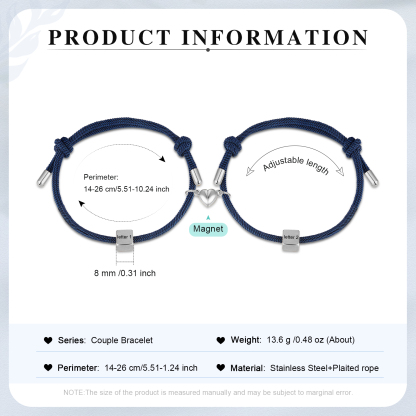 Pulseras de cuerda personalizadas para pareja con dije de corazón magnético grabado de dos letras-Jessemade ES