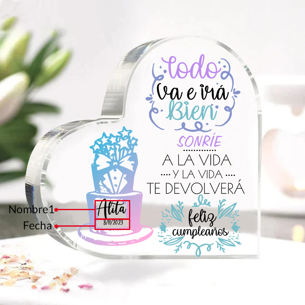Cumpleaños-Placa de acrílico en forma de corazón con nombre y fecha personalizados-Jessemade ES